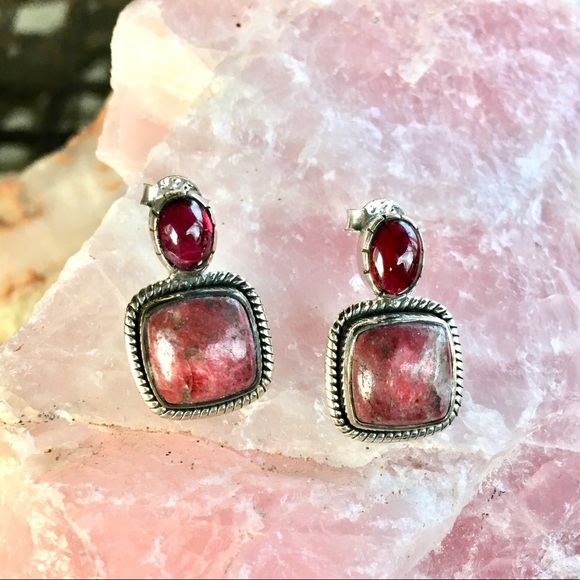 Rubellite + Thulite sterling silver studs NWT - Picture 2 of 7